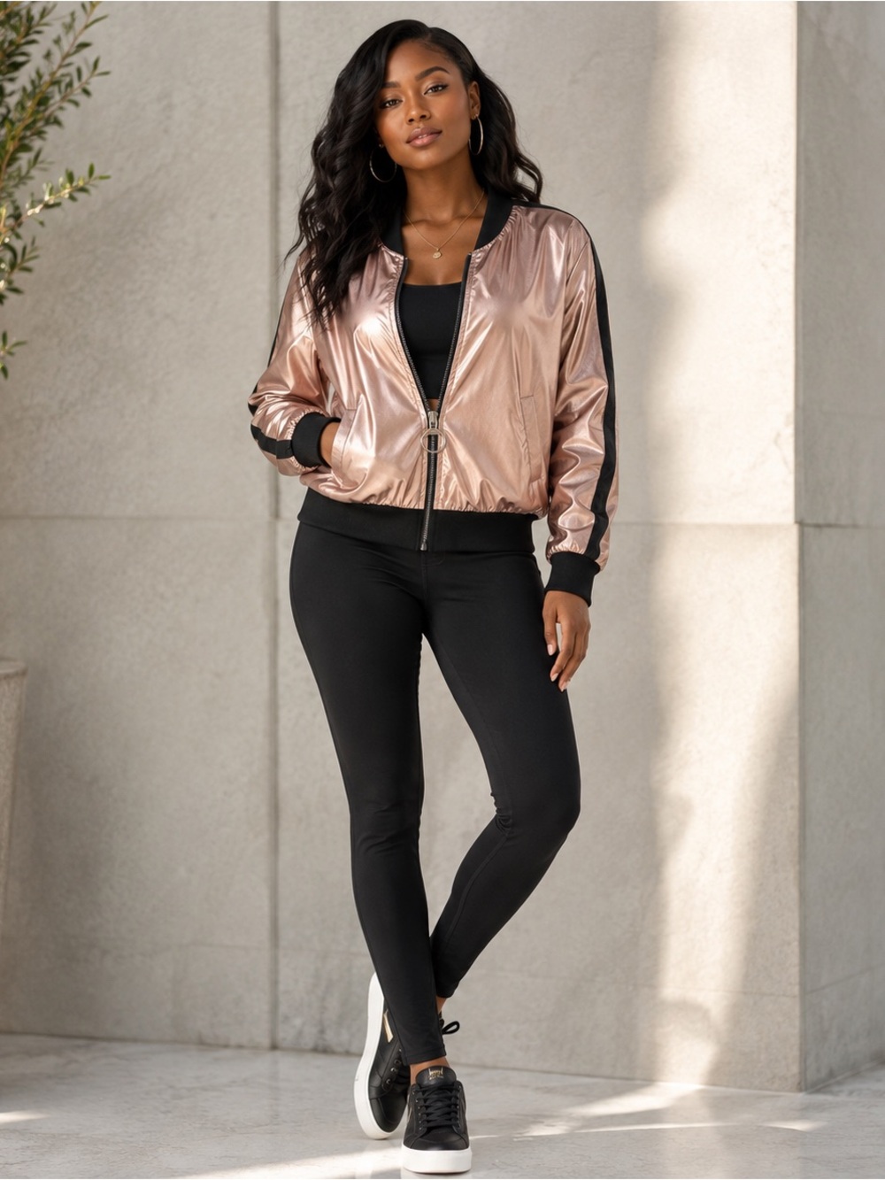 Y2K bebe Made in Italy Rose Gold Metallic Bomber Jacket Black Stripe XS